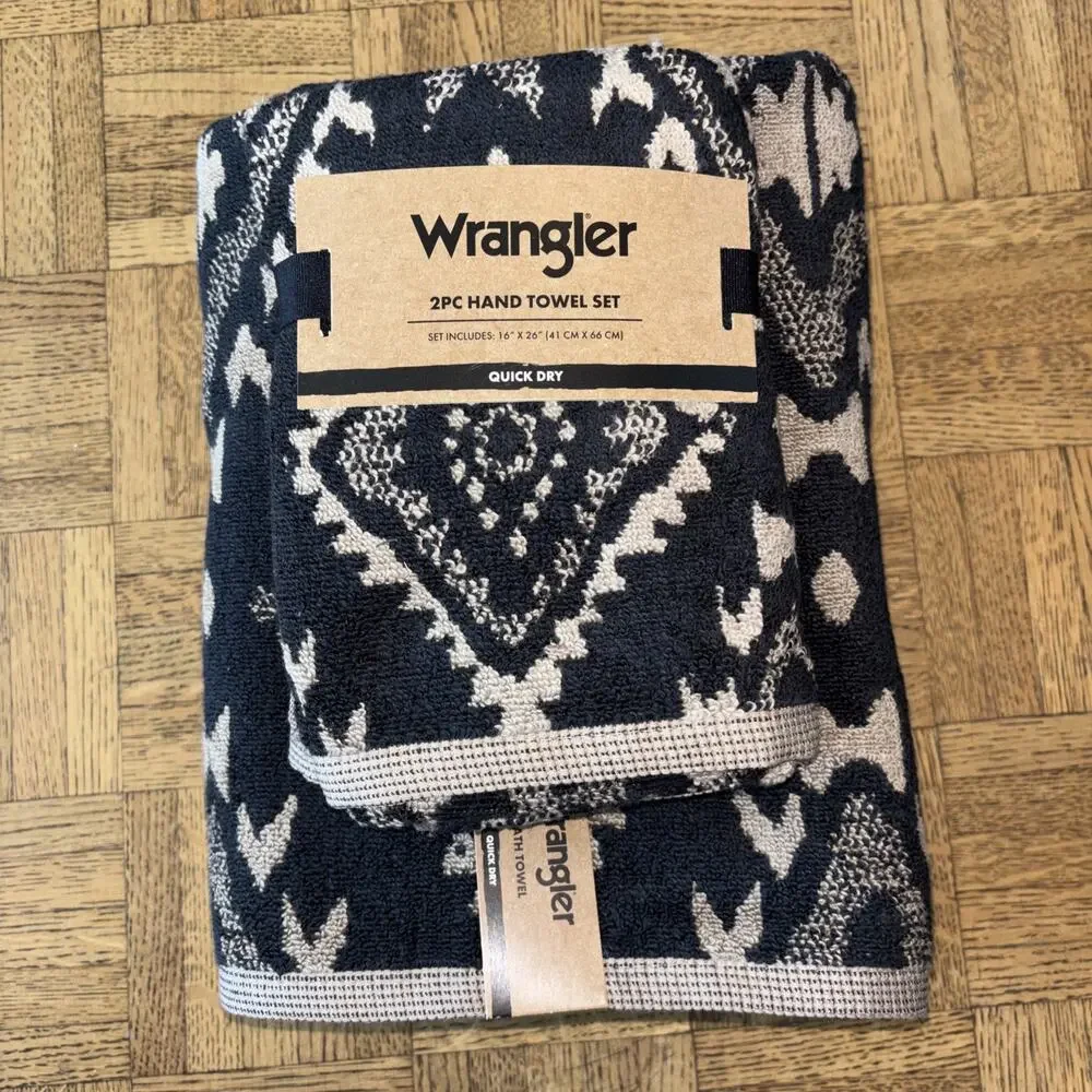 Wrangler Buck Aztec Black Tan Western Cowboy 2 Bath & 2 Hand Towel Set New